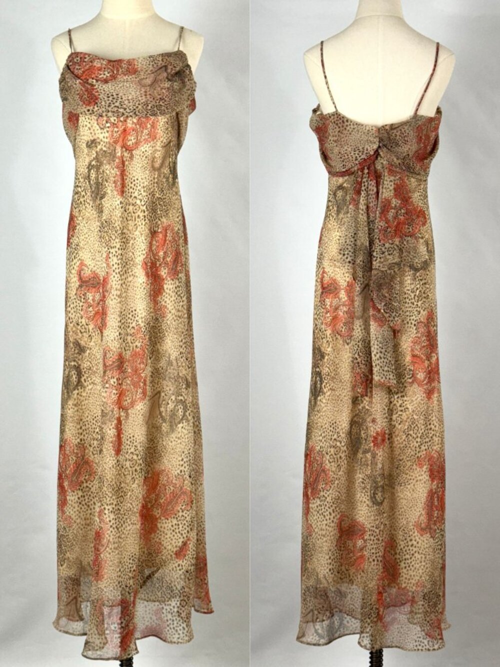 Vtg Y2K Alyn Paige Cheetah Print Paisley Maxi Dress Cowl Neck Chiffon Fairy - Picture 1 of 9